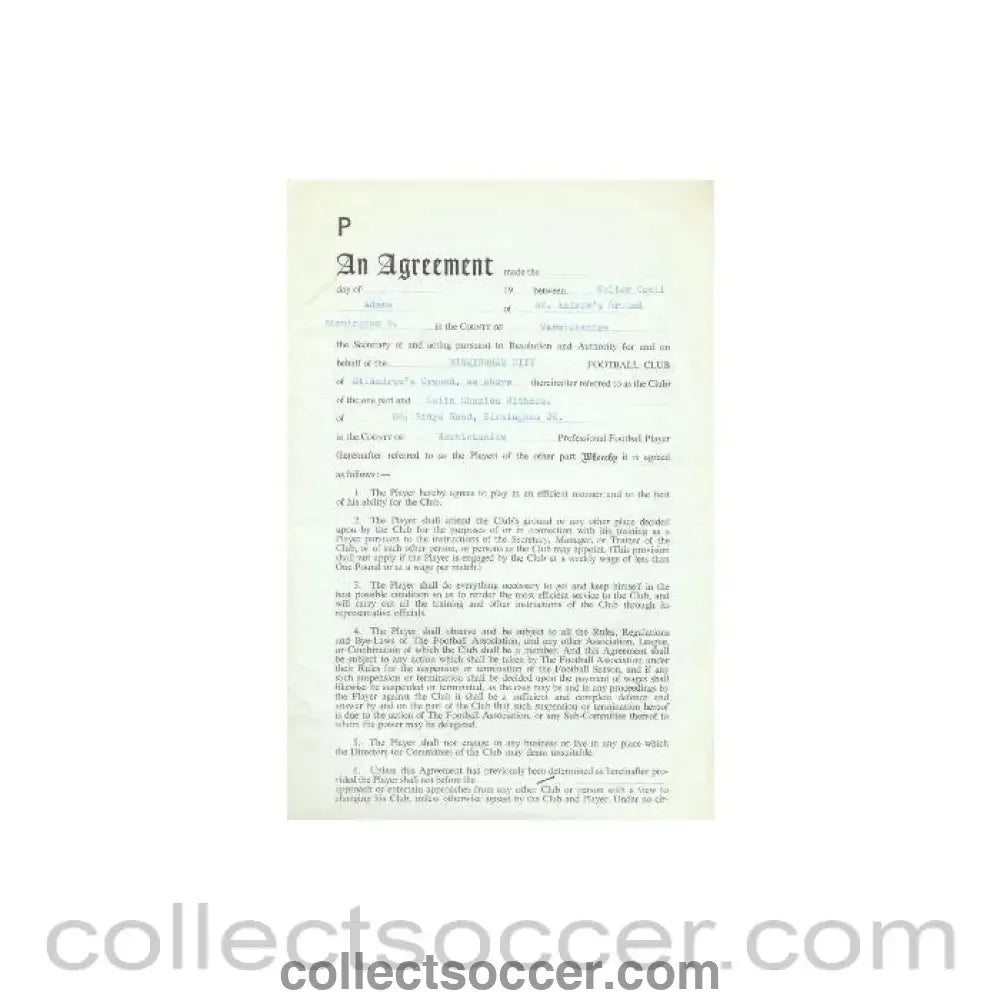 1963 - Contract For Hire of a Player between Birmingham City F.C. and Colin Charles Withers of 01/08/1963 - Collect Soccer
