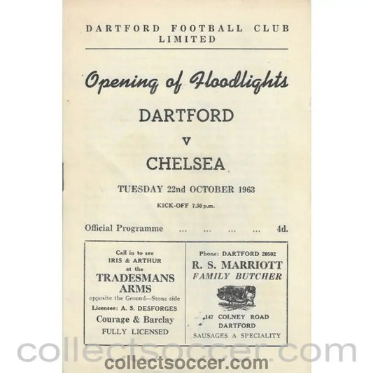 1963 - Dartford v Chelsea 22/10/1963 Official Programme - Collect Soccer