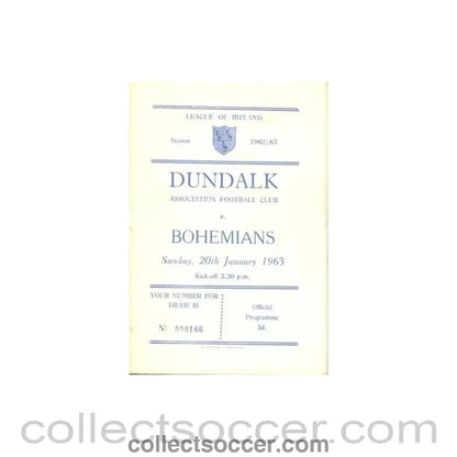 1963 - Dundalk v Bohemians official programme 20/01/1963 Irish League - Collect Soccer