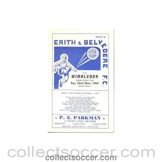 1963 - Erith & Belvedere v Wimbledon official programme 23/11/1963 - Collect Soccer