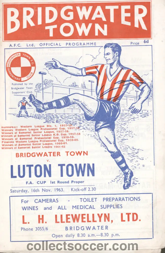 1963 FA Cup 1st Round Bridgwater Town v Luton Town Official Programme