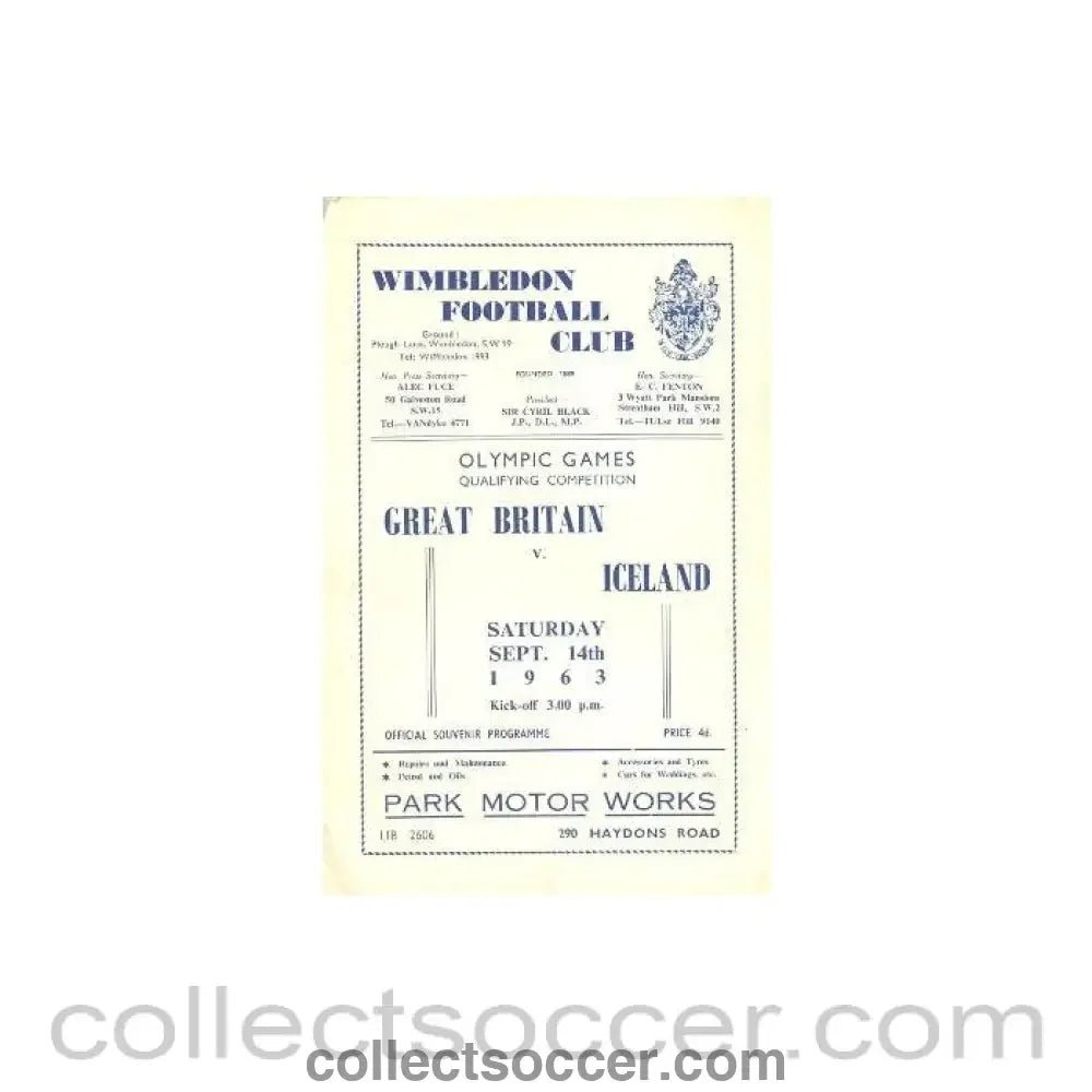 1963 - Great Britain v Iceland at Wimbledon Olympic Games Qualifying Competition official programme 14/09/1963 - Collect Soccer