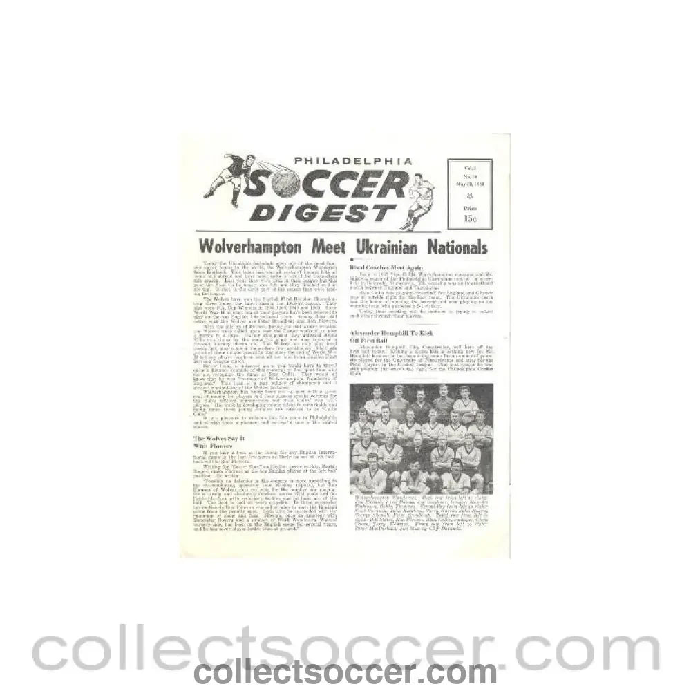 1963 - In the USA - Wolverhampton Wanderers v Ukraine Philadelphia Soccer Digest official programme No:30 of 30/05/1963 - Collect Soccer
