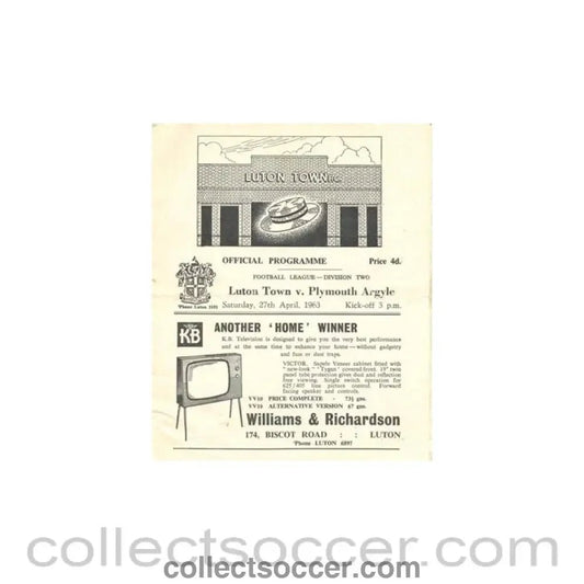 1963 - Luton Town v Plymouth Argyle official programme 27/04/1963 Football League - Collect Soccer