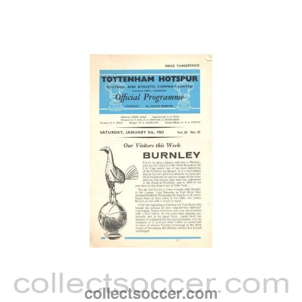 1963 - Tottenham Hotspur v Burnley official programme 05/01/1963 - Collect Soccer