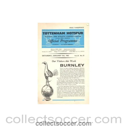1963 - Tottenham Hotspur v Burnley official programme 05/01/1963 - Collect Soccer