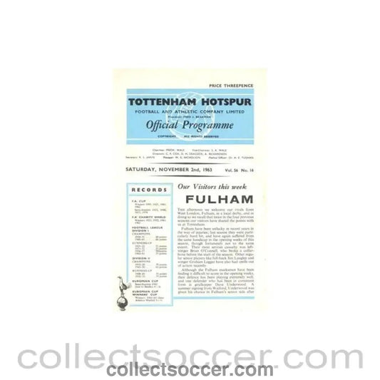 1963 - Tottenham Hotspur v Fulham official programme 02/11/1963 Football League - Collect Soccer