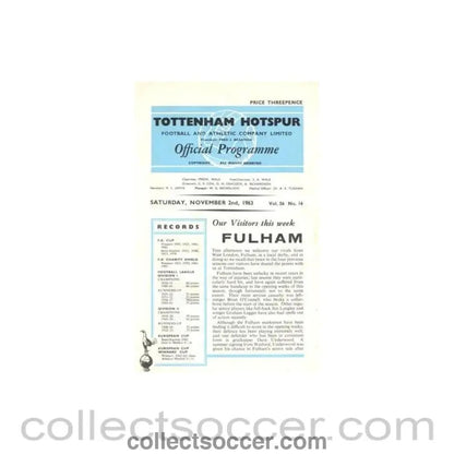 1963 - Tottenham Hotspur v Fulham official programme 02/11/1963 Football League - Collect Soccer