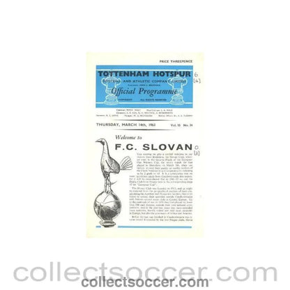 1963 - Tottenham Hotspur v Slovan, Bratislava, Slovakia official programme 14/03/1963 - Collect Soccer
