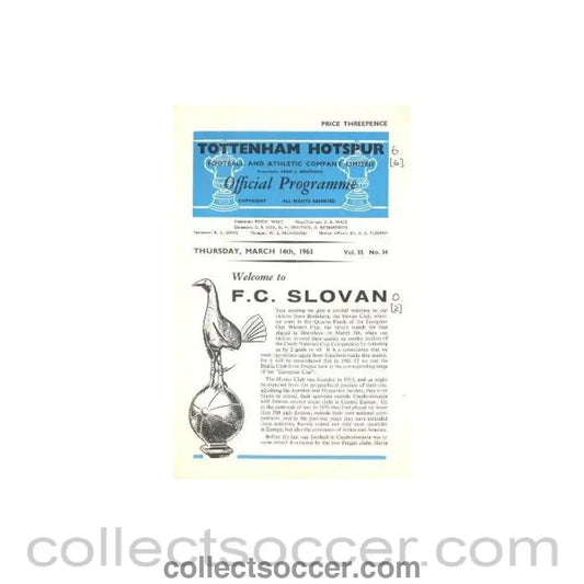 1963 - Tottenham Hotspur v Slovan, Bratislava, Slovakia official programme 14/03/1963 - Collect Soccer