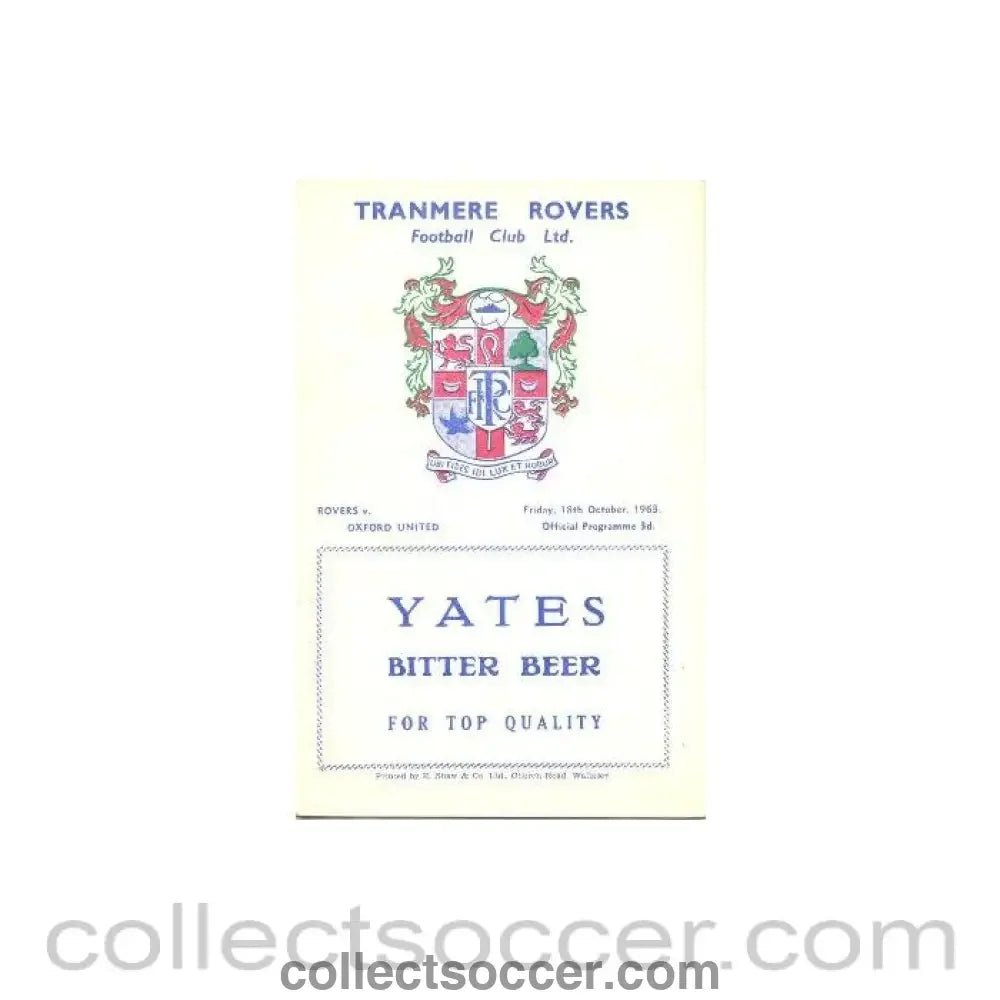 1963 - Tranmere Rovers v Oxford United official programme 18/10/1963 - Collect Soccer