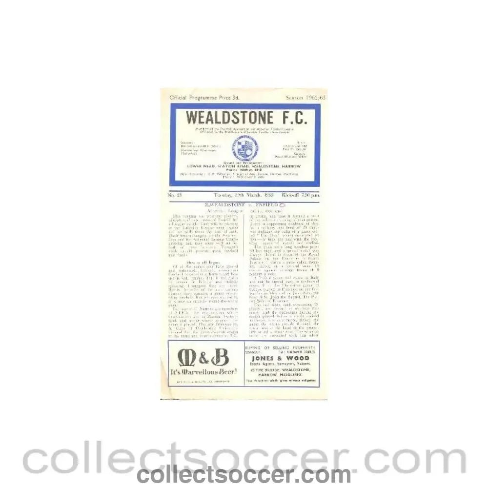 1963 - Wealdstone v Enfield official programme 19/03/1963 - Collect Soccer