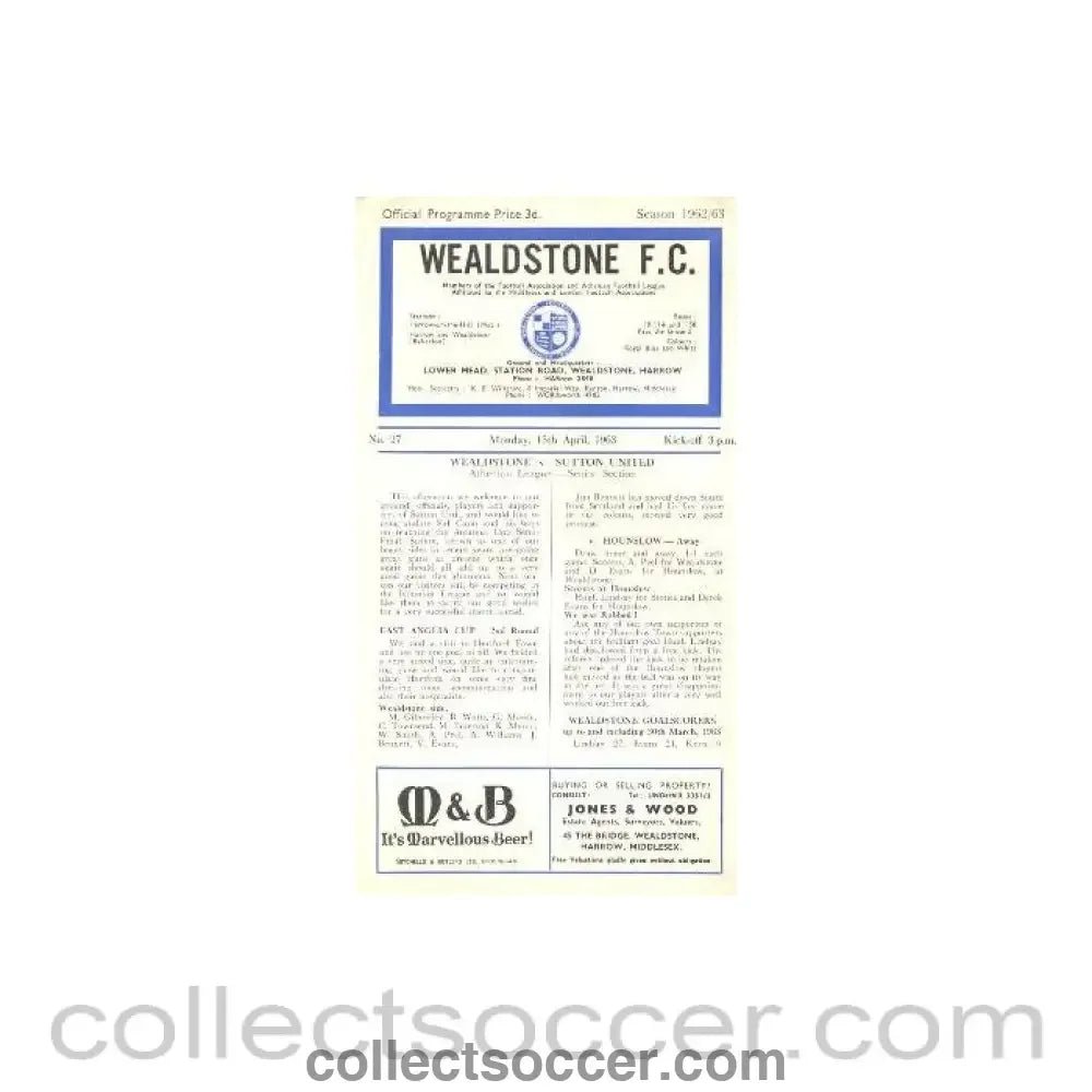 1963 - Wealdstone v Sutton United official programme 15/04/1963 - Collect Soccer