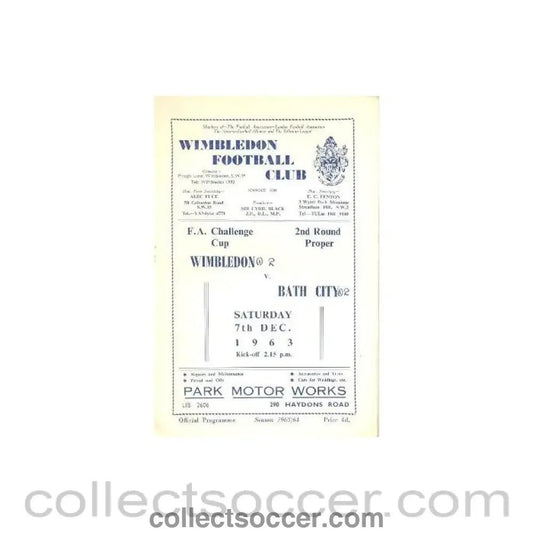 1963 - Wimbledon v Bath City official programme 07/12/1963 - Collect Soccer