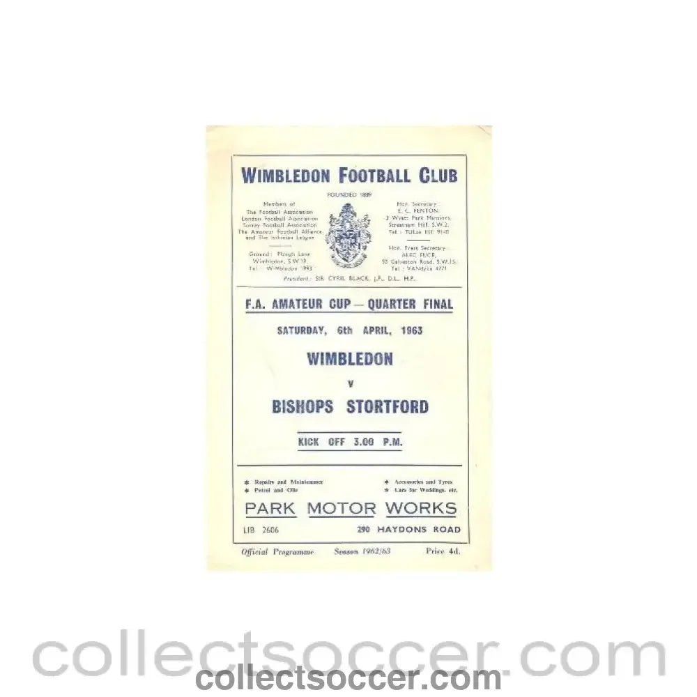 1963 - Wimbledon v Bishops Stortford official programme 06/04/1963 - Collect Soccer