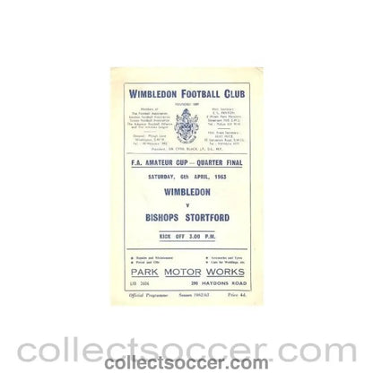 1963 - Wimbledon v Bishops Stortford official programme 06/04/1963 - Collect Soccer