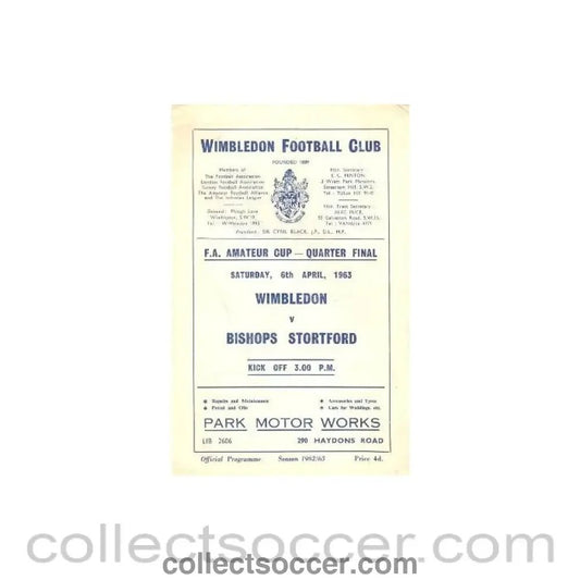 1963 - Wimbledon v Bishops Stortford official programme 06/04/1963 - Collect Soccer