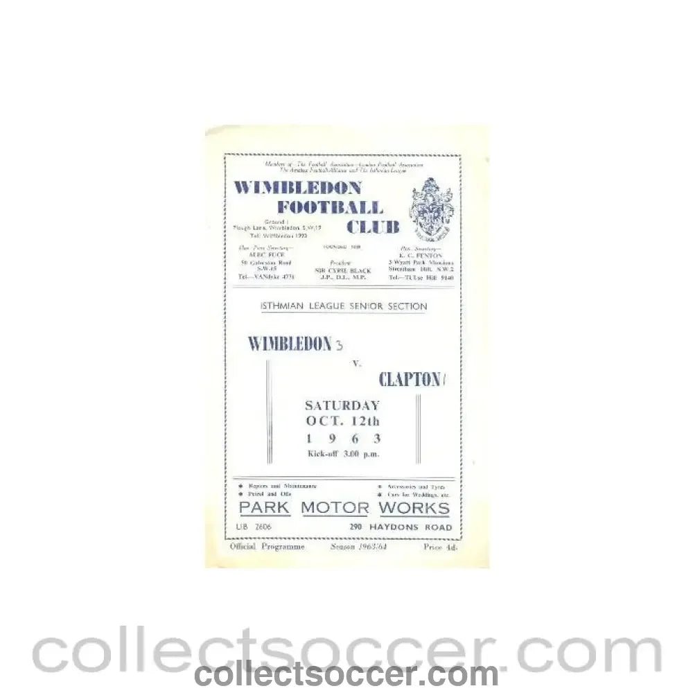 1963 - Wimbledon v Clapton official programme 12/10/1963 - Collect Soccer