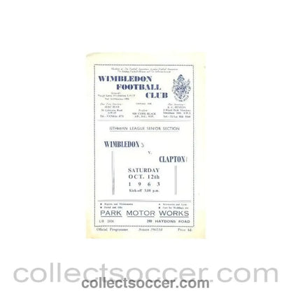 1963 - Wimbledon v Clapton official programme 12/10/1963 - Collect Soccer