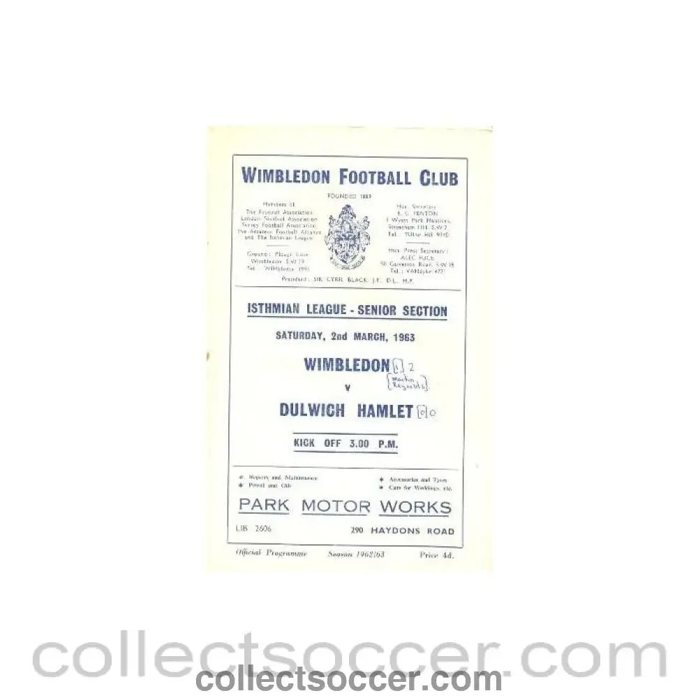 1963 - Wimbledon v Dulwich Hamlet official programme 02/03/1963 - Collect Soccer