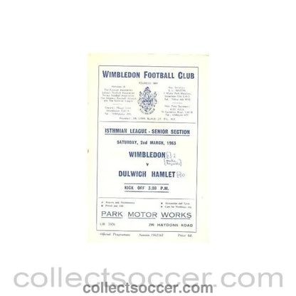 1963 - Wimbledon v Dulwich Hamlet official programme 02/03/1963 - Collect Soccer