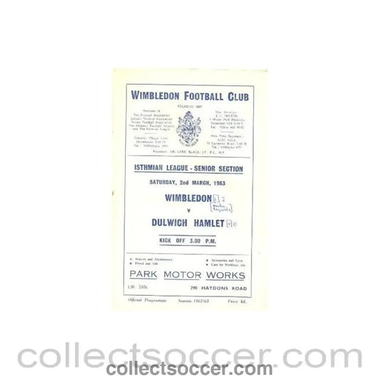 1963 - Wimbledon v Dulwich Hamlet official programme 02/03/1963 - Collect Soccer