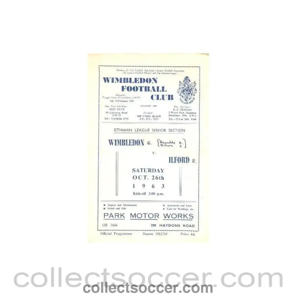 1963 - Wimbledon v Ilford official programme 26/10/1963 - Collect Soccer
