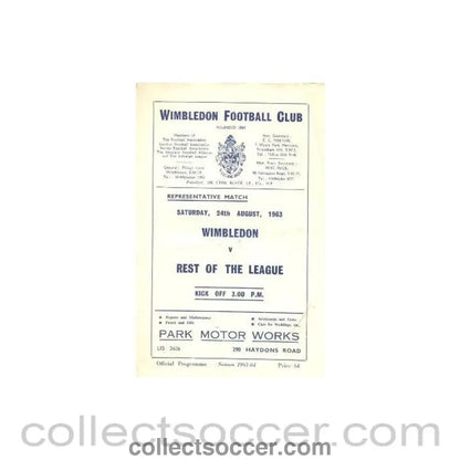 1963 - Wimbledon v Rest of the League official programme 24/08/1963 - Collect Soccer