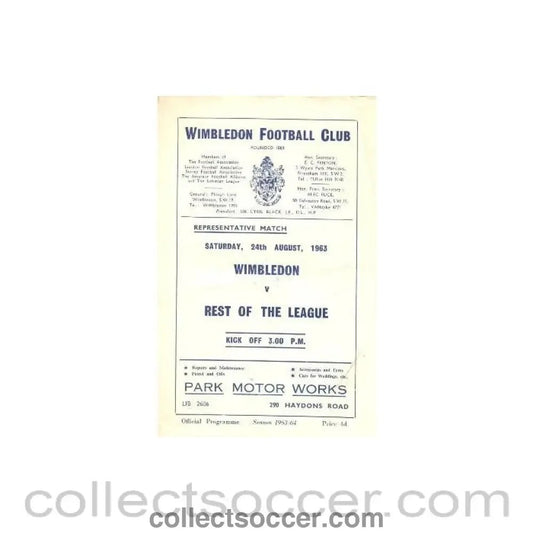 1963 - Wimbledon v Rest of the League official programme 24/08/1963 - Collect Soccer