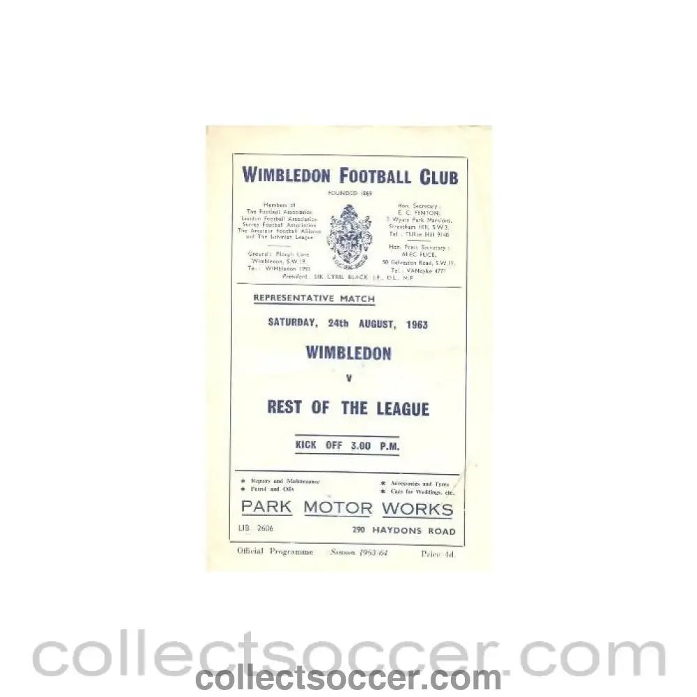 1963 - Wimbledon v Rest of the League official programme 24/08/1963 - Collect Soccer