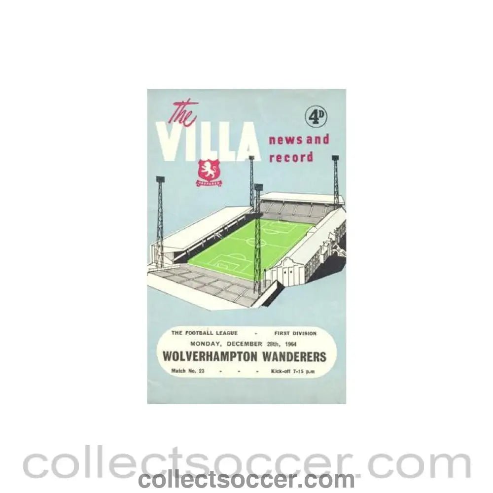 1964 - Aston Villa v Wolverhampton Wanderers official programme 28/12/1964 Football League - Collect Soccer