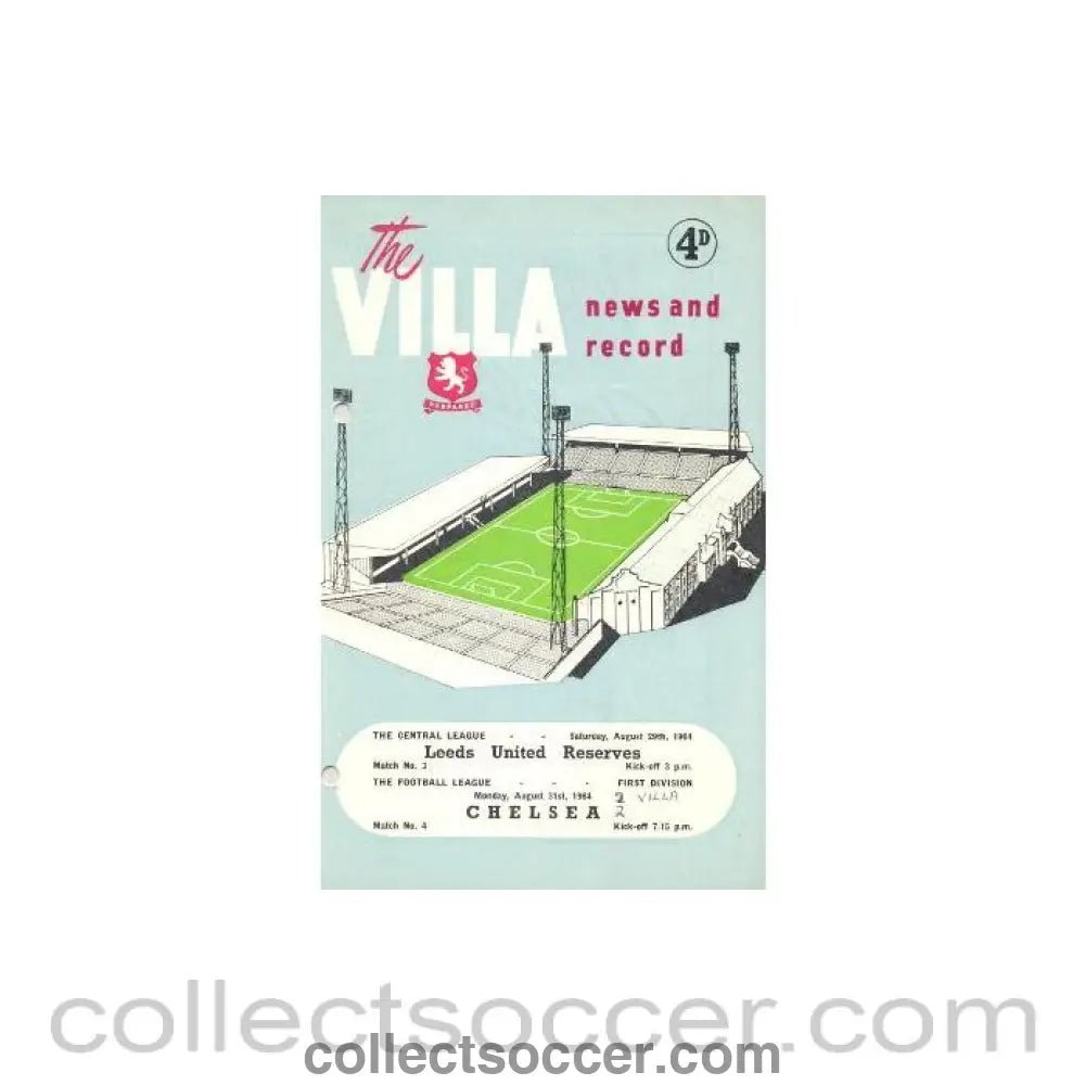 1964 - Aston Villa vChelsea and Leeds United Reserves v Aston Villa Reserves official programme 29 - 31/08/1964, reduced price - Collect Soccer