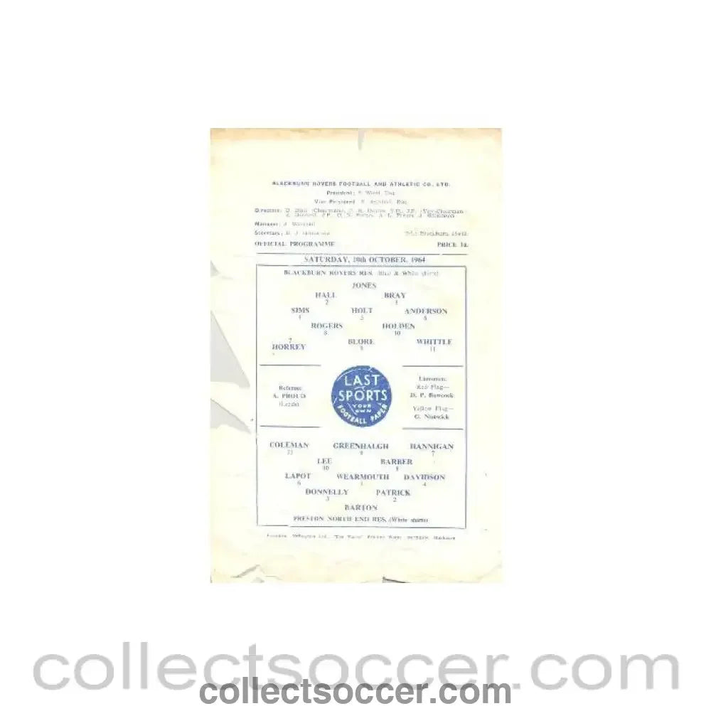 1964 - Blackburn Rovers v Preston North End official programme 10/10/1964