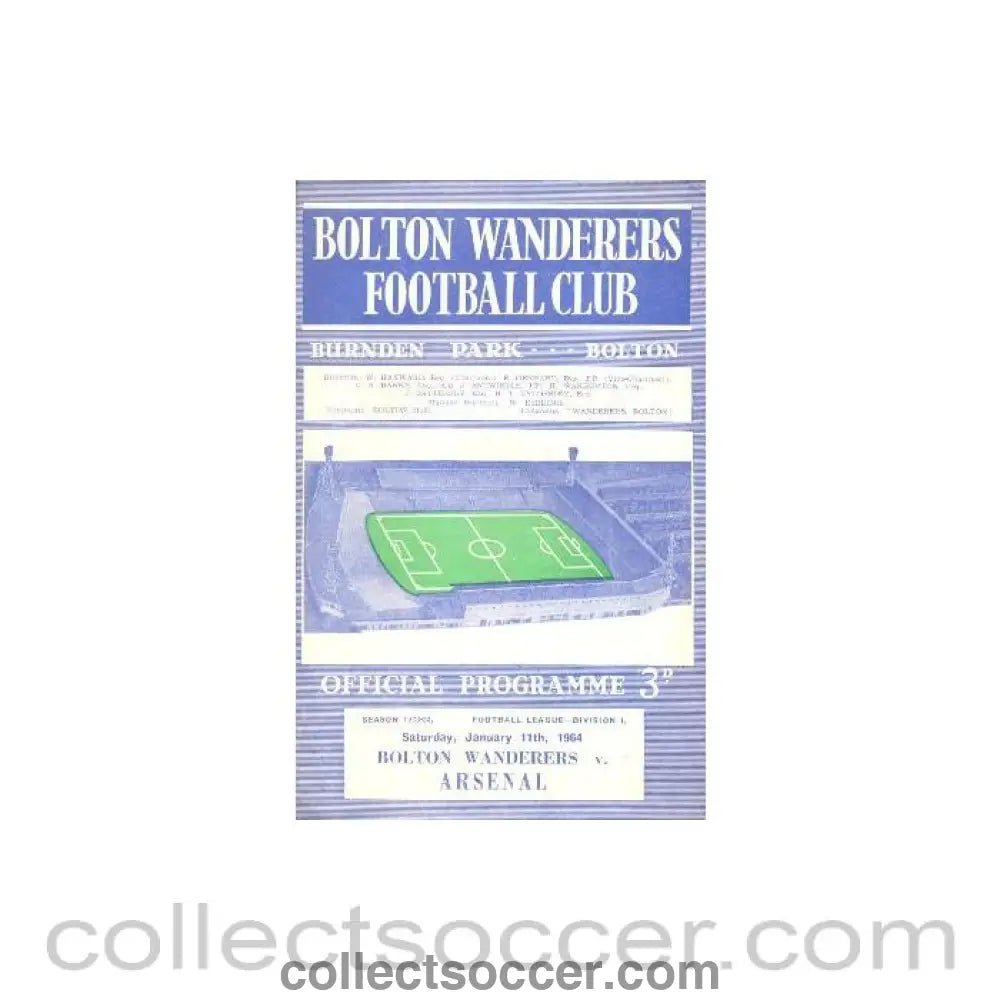 1964 - Bolton Wanderers v Arsenal official programme 11/01/1964 - Collect Soccer