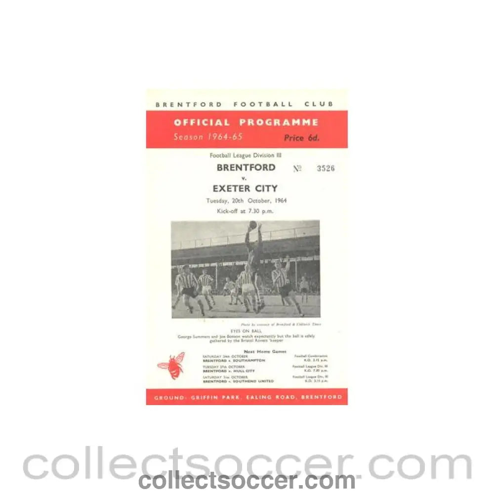 1964 - Brentford v Exeter City official programme 20/10/1964 Football League