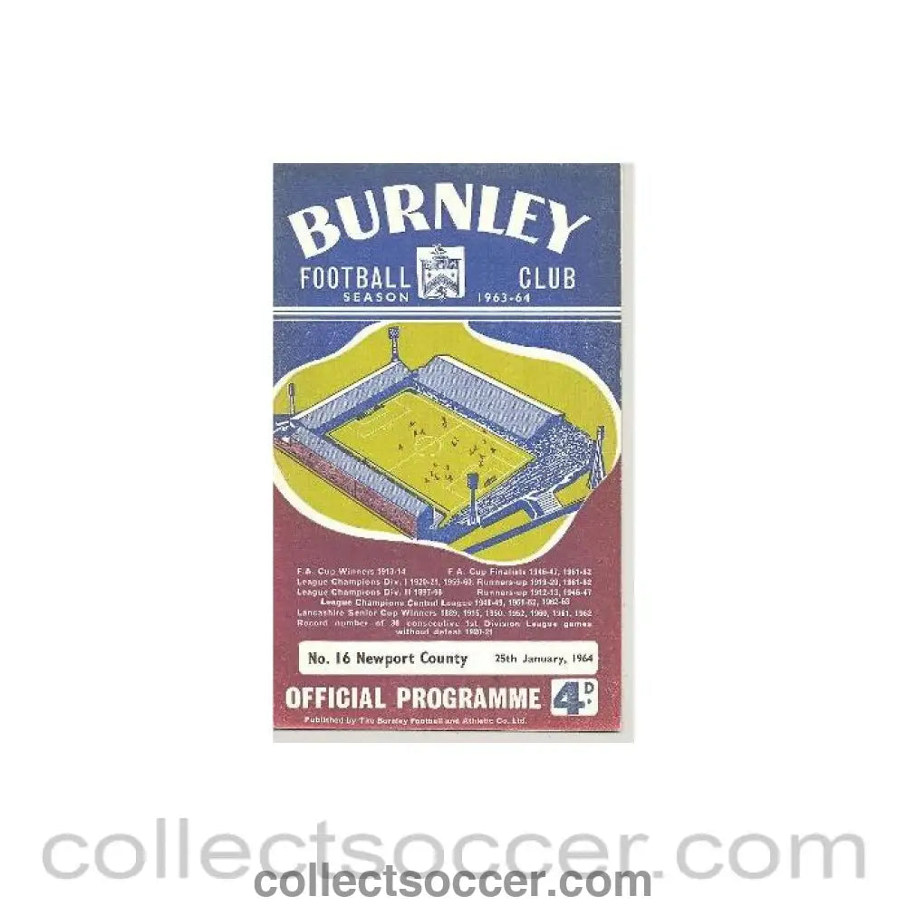 1964 - Burnley v Newport County official programme 25/01/1964