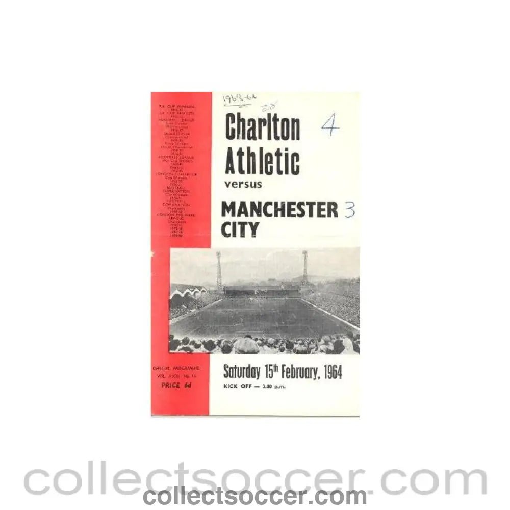 1964 - Charlton Athletic v Manchester City official programme 15/02/1964 - Collect Soccer