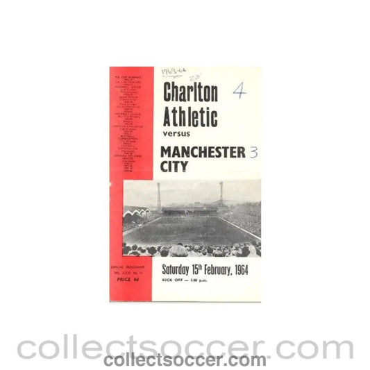 1964 - Charlton Athletic v Manchester City official programme 15/02/1964 - Collect Soccer