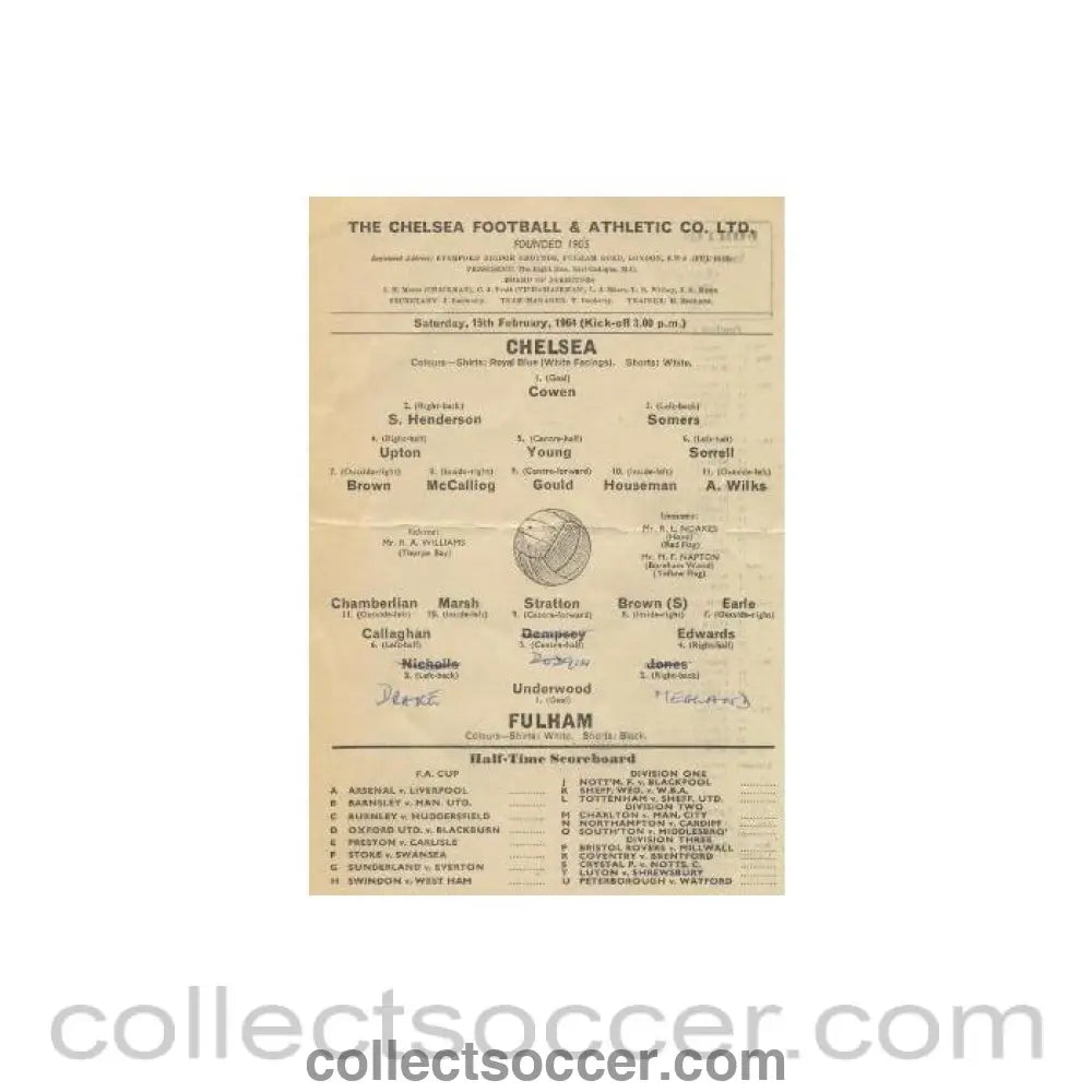 1964 - Chelsea v Fulham Reserves official programme 15/02/1964
