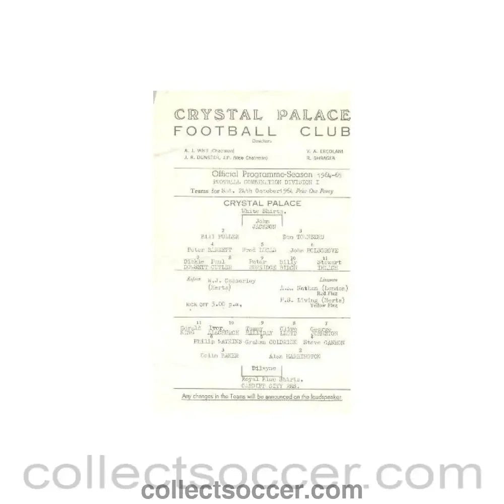1964 - Crystal Palace v Cardiff City Reserves official programme 24/10/1964 - Collect Soccer