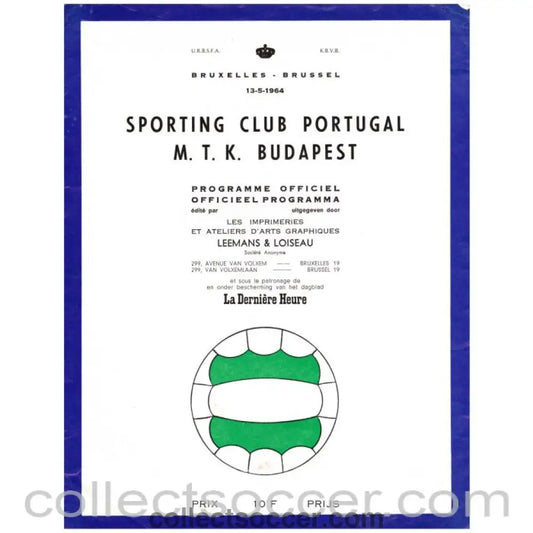 1964 Cup Winners Cup Final Official Programme Sporting Lisbon v MTK Budapest - Collect Soccer