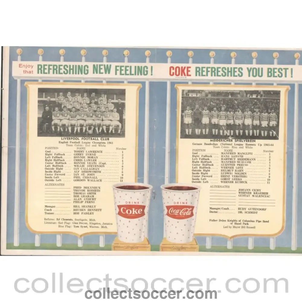 1964 - Duisburg v Liverpool In Detroit 27/5/1964 Official Programme - Collect Soccer