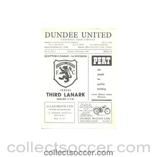 1964 - Dundee United v Third Lanark official programme 10/10/1964 - Collect Soccer