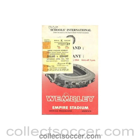 1964 - England v Germany official programme 25/04/1964 with ticket, youth game - Collect Soccer