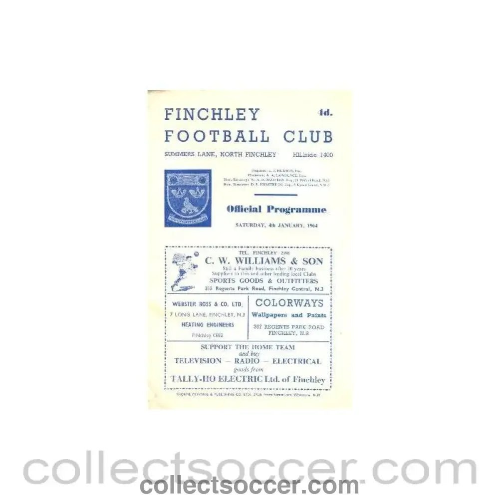 1964 - Finchley v Wimbledon official programme 04/01/1964 - Collect Soccer