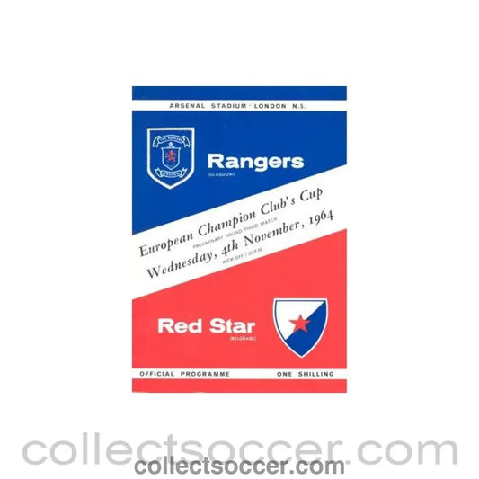 1964 - Glasgow Rangers v Red Star official programme 04/11/1964 European Cup - Collect Soccer