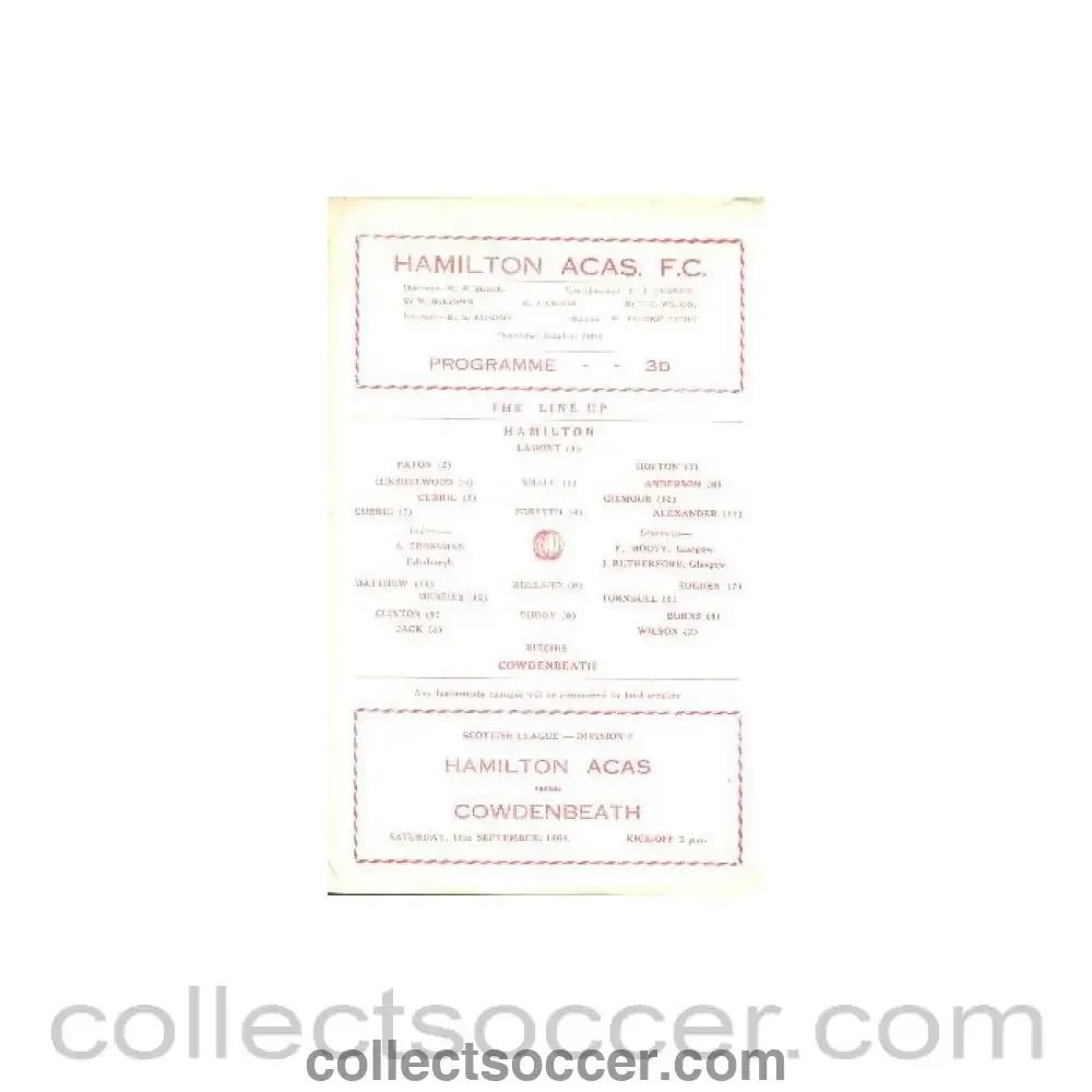1964 - Hamilton Academical (Accies) v Cowdenbeath official programme 19/09/1964 - Collect Soccer