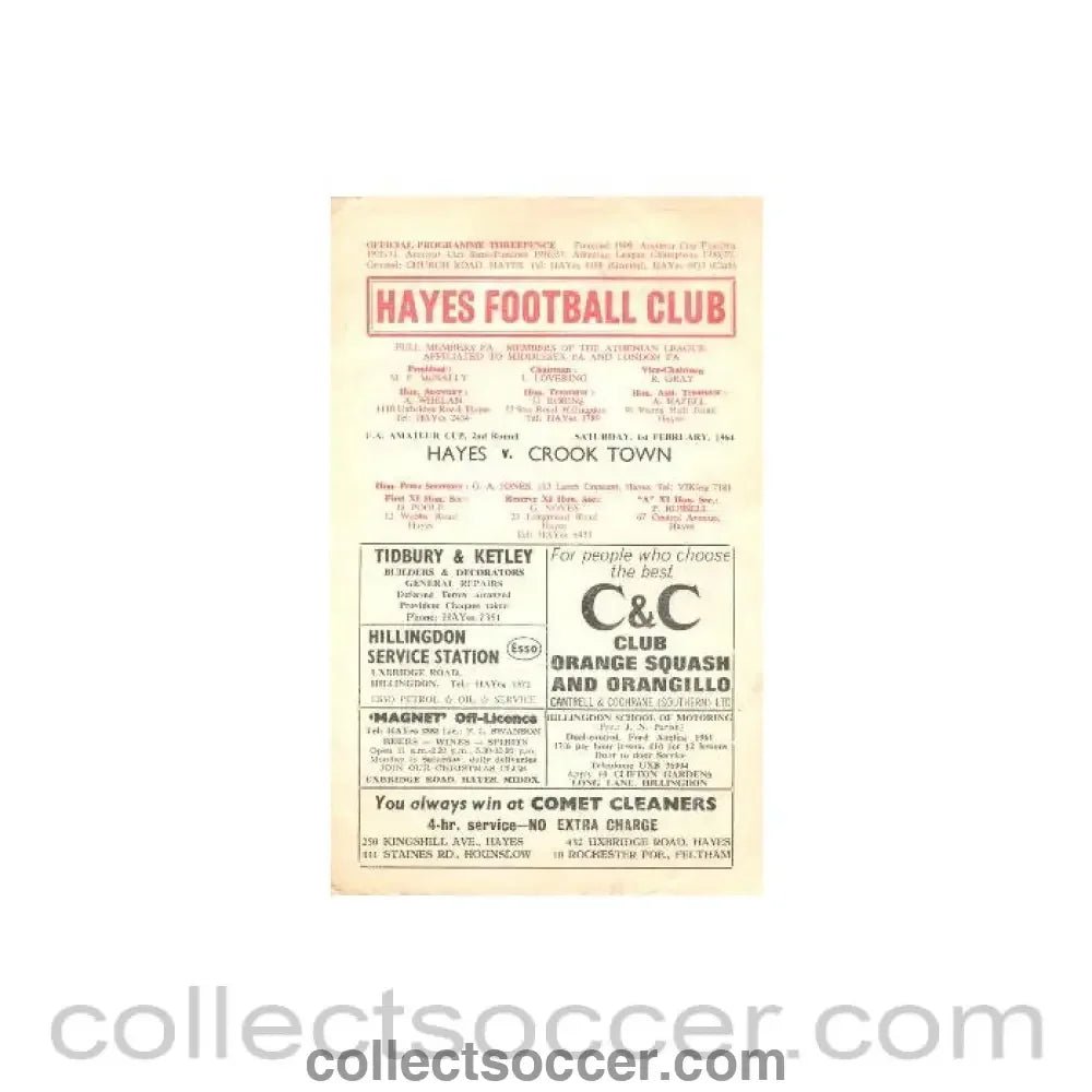1964 - Hayes v Crook Town F. A. Amateur Cup official programme 01/02/1964 - Collect Soccer