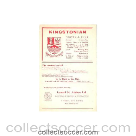 1964 - Kingstonian v Wimbledon official programme 11/04/1964 - Collect Soccer