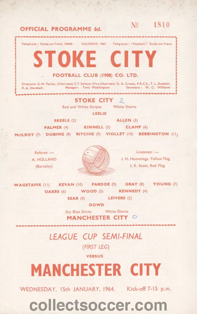 1964 League Cup Semi Final 1st Leg Stoke City v Manchester City Programme